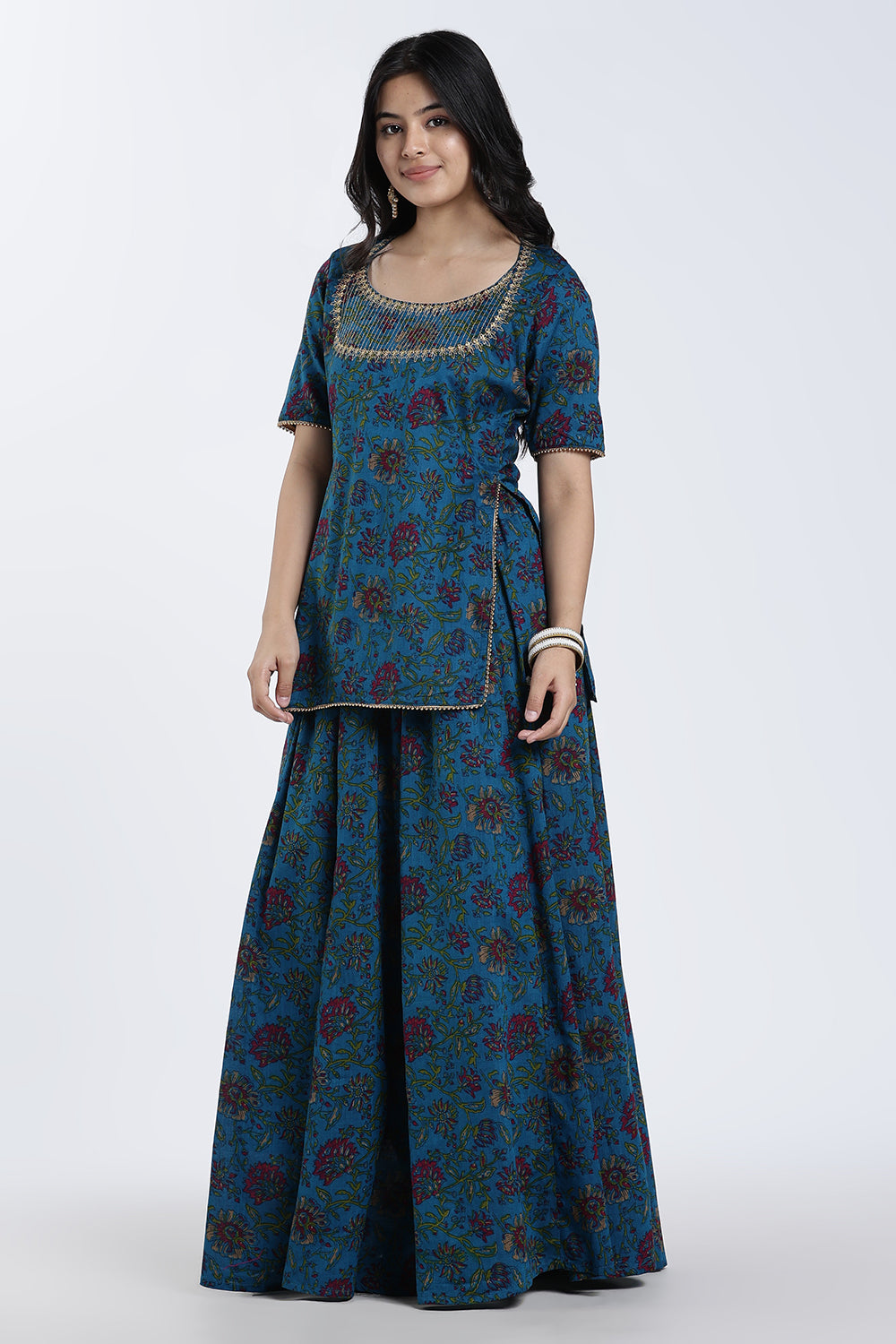 Mythri Women’s Festive Co-Ord Set – Cotton Blend Ethnic Top & Flared Skirt Set with Lace, Zari & Bead Detailing | Indo-Western Festive Wear for Women - ST09