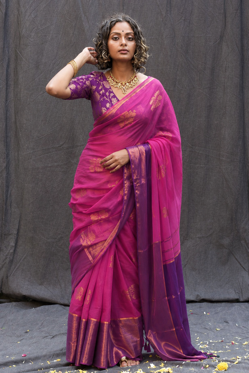 Naidu Hall Women's Magenta Mulmul Cotton Blend Jacquard Saree with Blouse | Lightweight Ethnic Wear Saree - R121