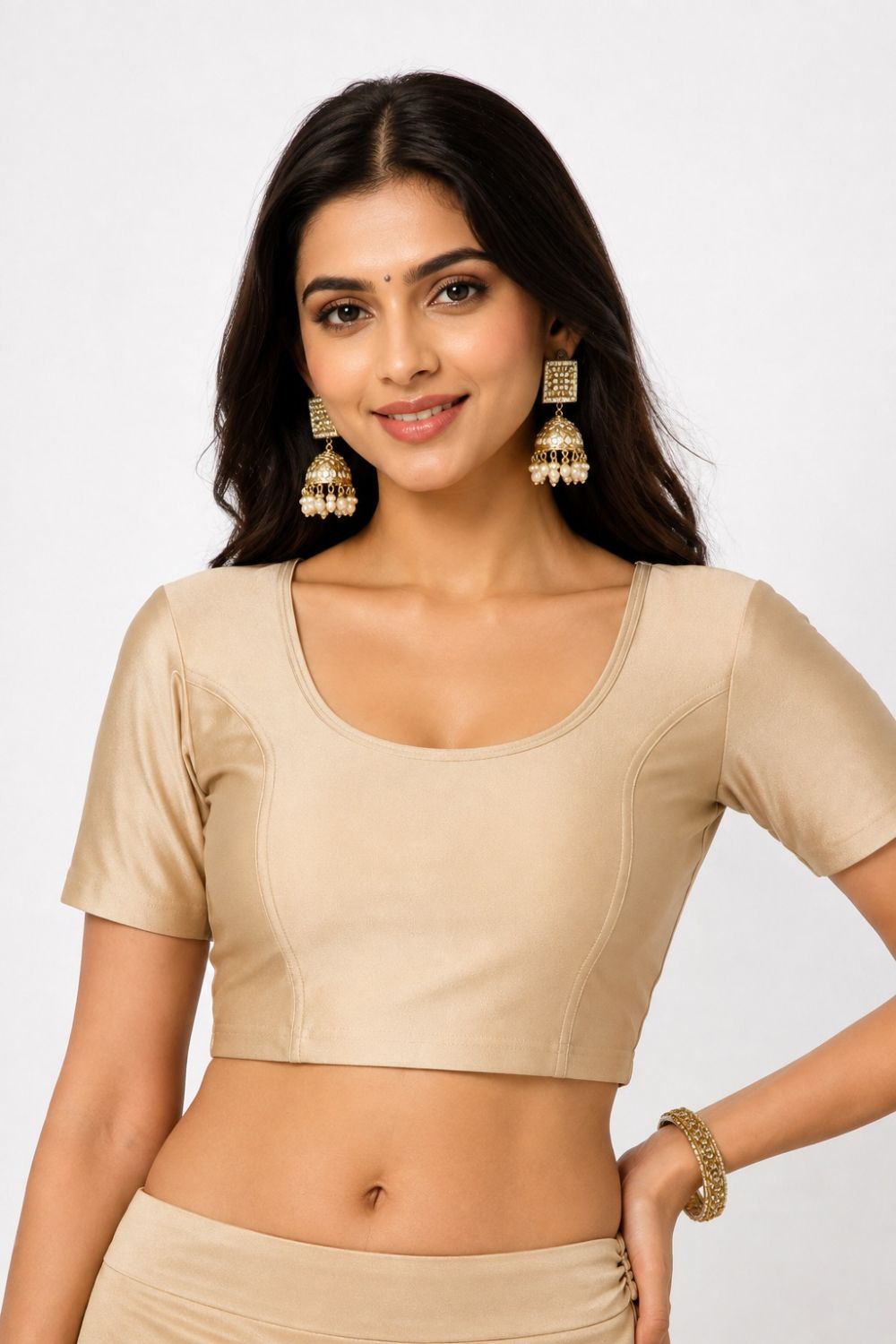 Naidu Hall Women’s Shimmer Knitted Saree Blouse | Silk Blend Round Neck Short Sleeve Ready to Wear Blouse | Regular Fit Solid Stretch Blouse for Sarees - Skin Shimmer
