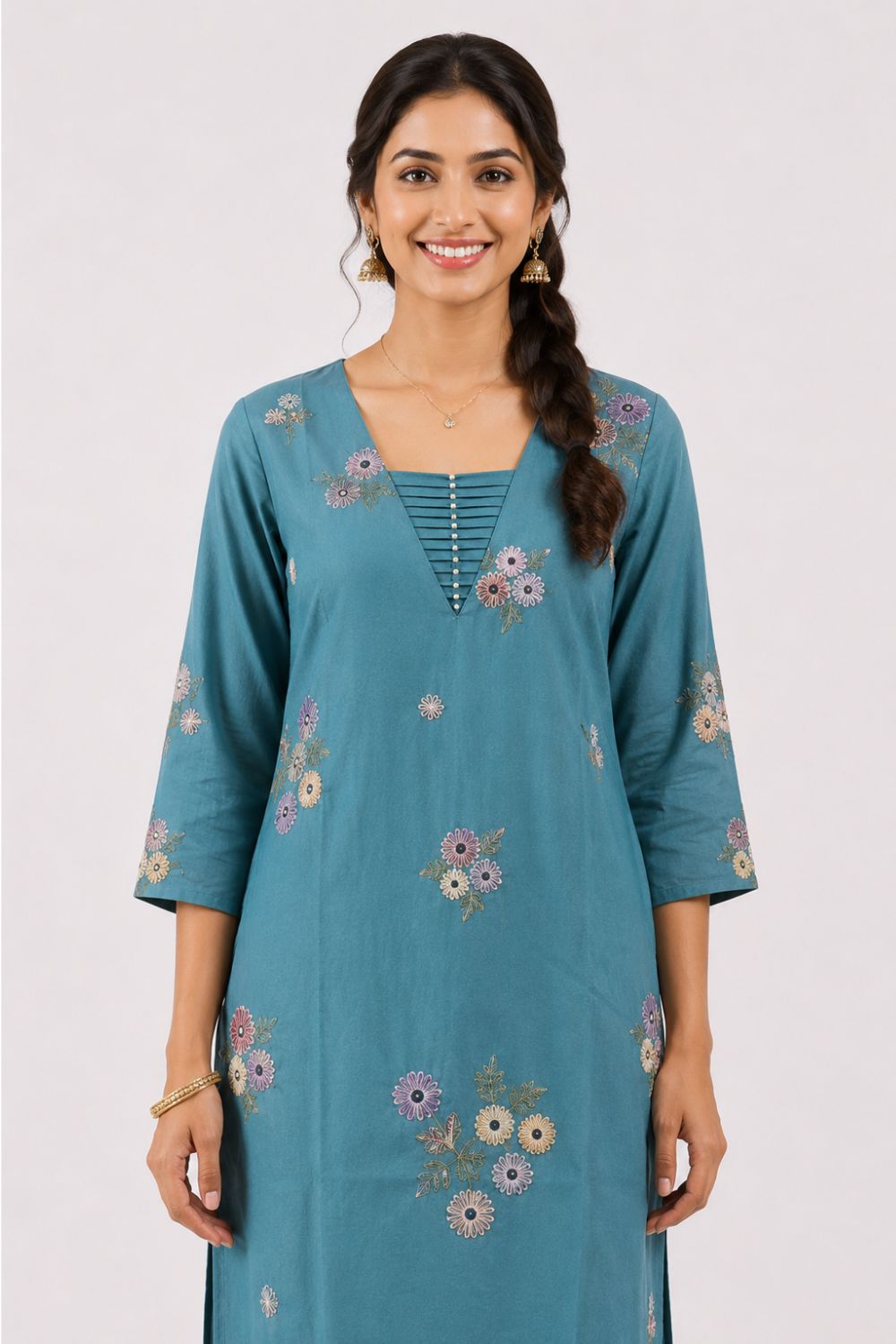 Women's Cotton Flax Embroidered Kurti | V-Neck Pintuck Kurti for Women | Regular Fit Everyday Ethnic Wear with All Over Embroidery - 1396