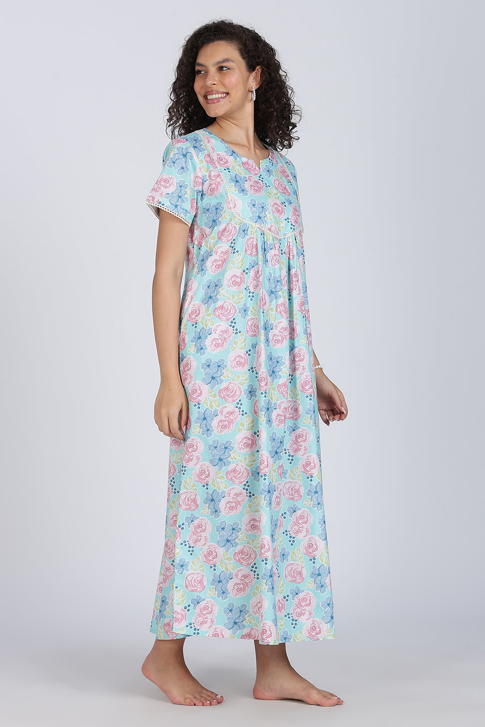 Naidu Hall Printed Cotton Nighty for Women – Full Length Flared A-Line Sleepwear with Lace Yoke & Pocket | Comfortable Daily Wear Nighty
- N131