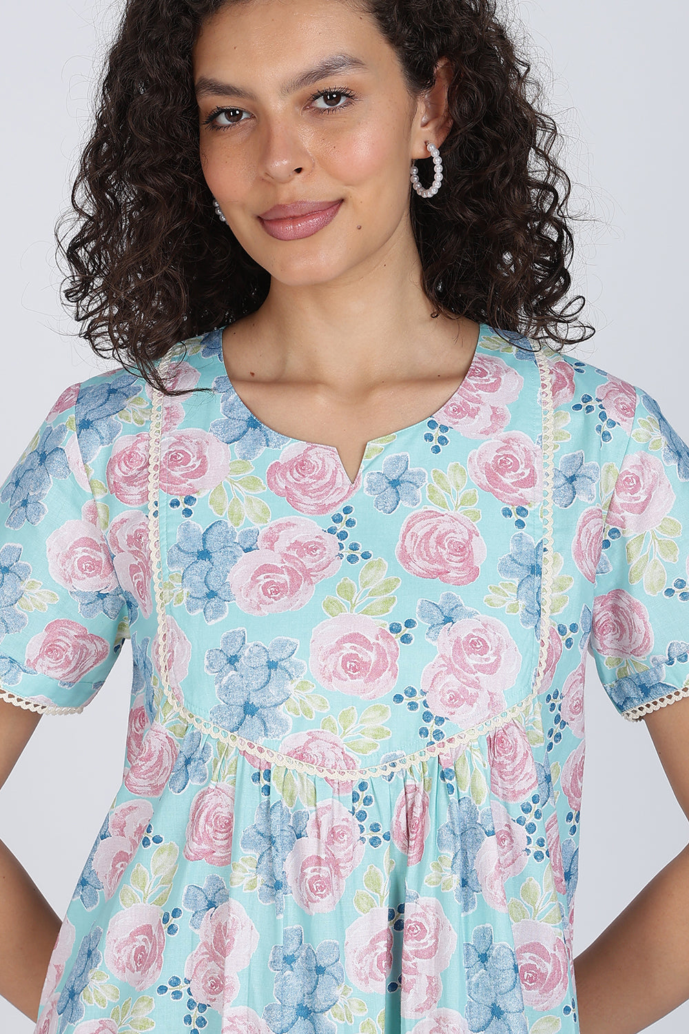 Naidu Hall Printed Cotton Nighty for Women – Full Length Flared A-Line Sleepwear with Lace Yoke & Pocket | Comfortable Daily Wear Nighty
- N131