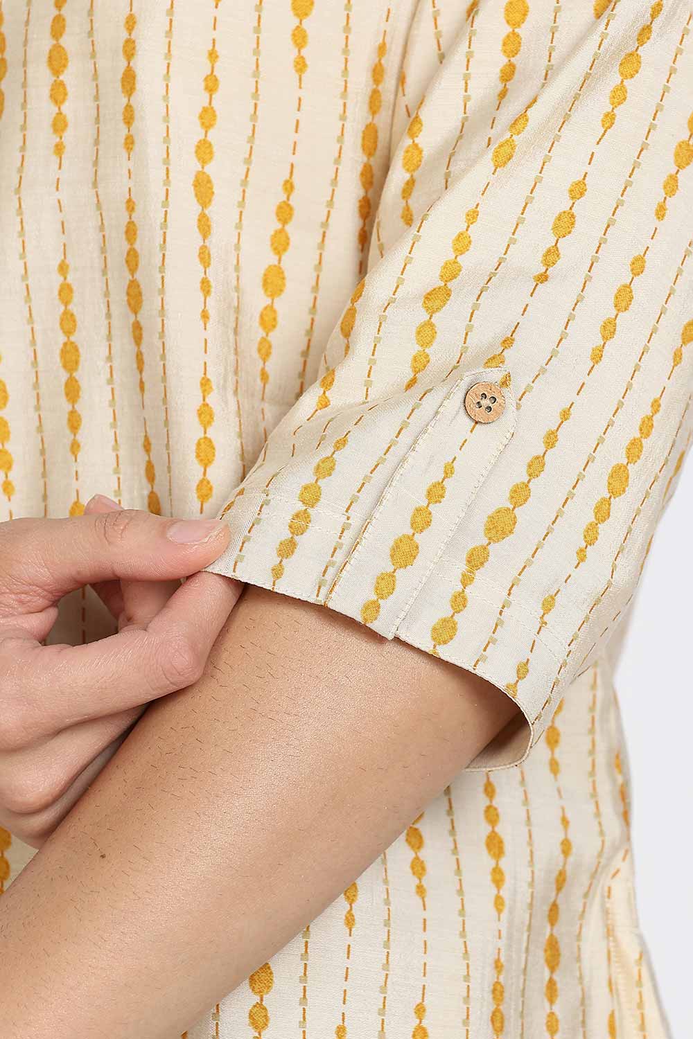 Mythri Women’s Top Cotton Blend Casual Mandarin Collar 3/4 Sleeve Button Placket Stylish Office Wear Top - Light Mustard - TO09
