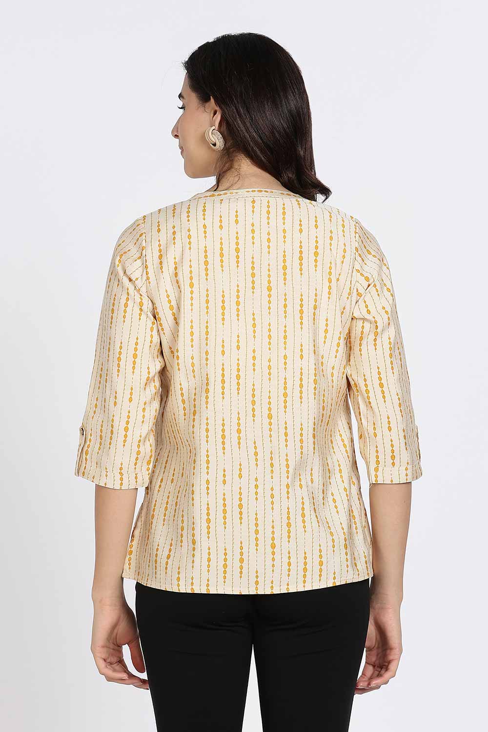 Mythri Women’s Top Cotton Blend Casual Mandarin Collar 3/4 Sleeve Button Placket Stylish Office Wear Top - Light Mustard - TO09