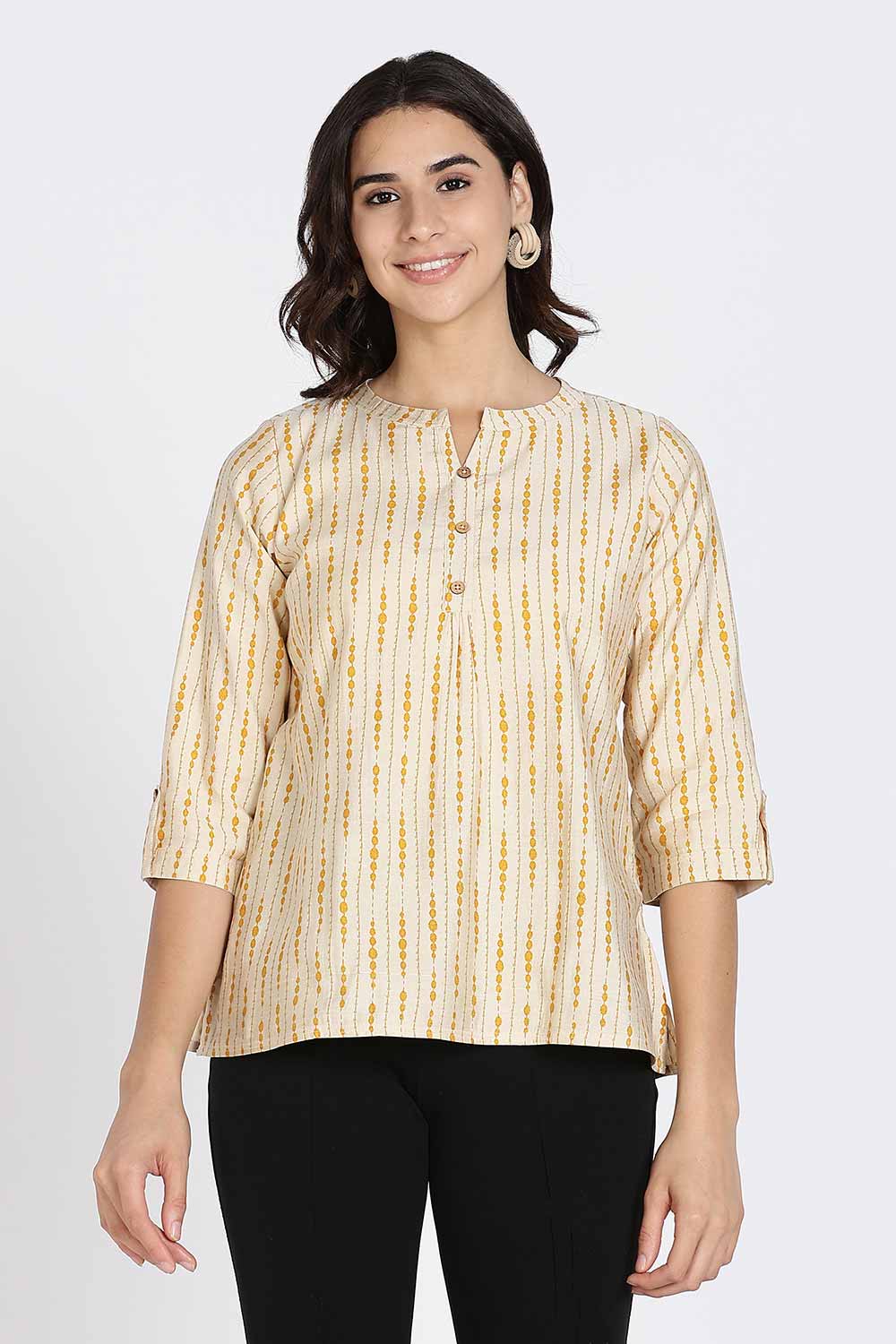 Mythri Women’s Top Cotton Blend Casual Mandarin Collar 3/4 Sleeve Button Placket Stylish Office Wear Top - Light Mustard - TO09