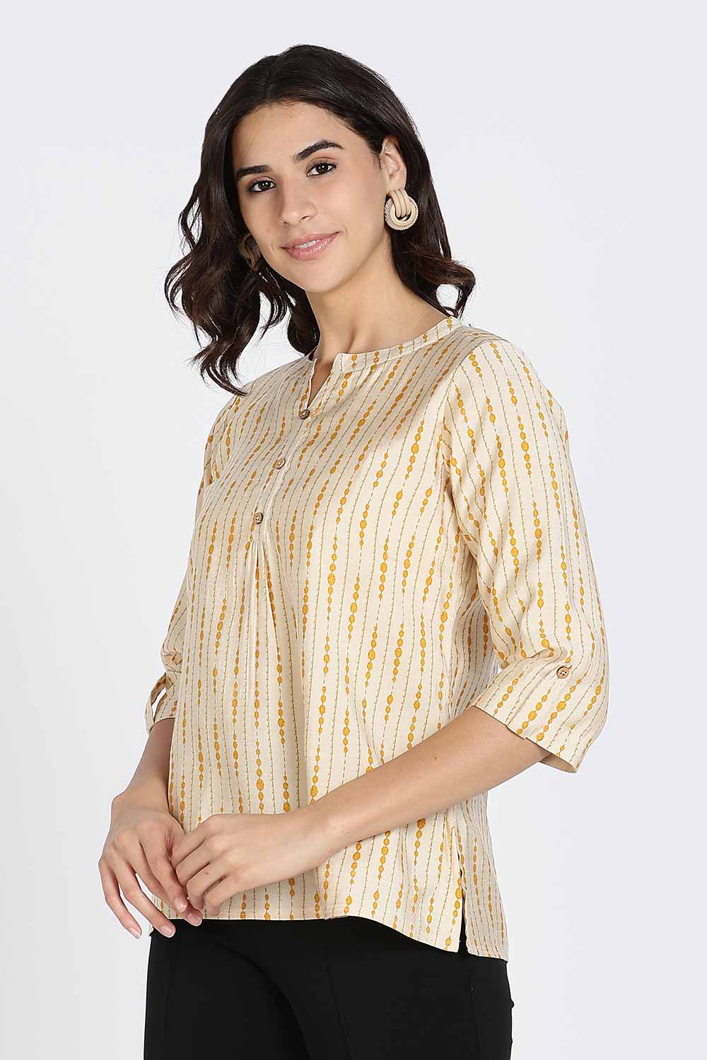 Mythri Women’s Top Cotton Blend Casual Mandarin Collar 3/4 Sleeve Button Placket Stylish Office Wear Top - Light Mustard - TO09