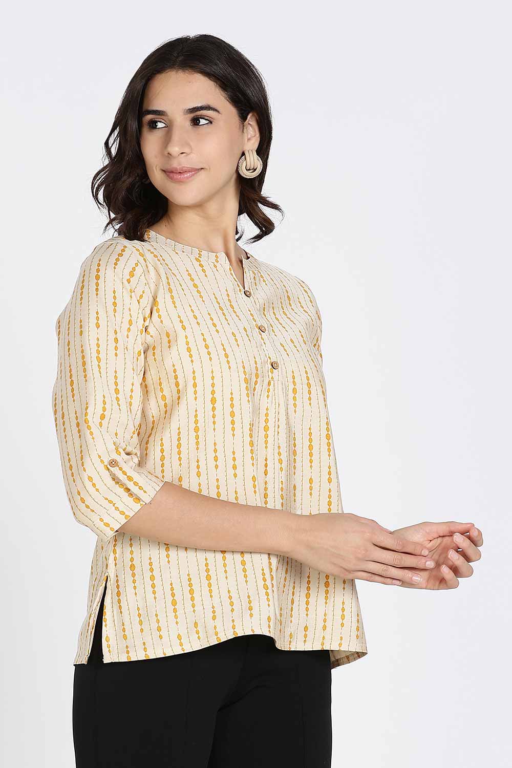 Mythri Women’s Top Cotton Blend Casual Mandarin Collar 3/4 Sleeve Button Placket Stylish Office Wear Top - Light Mustard - TO09