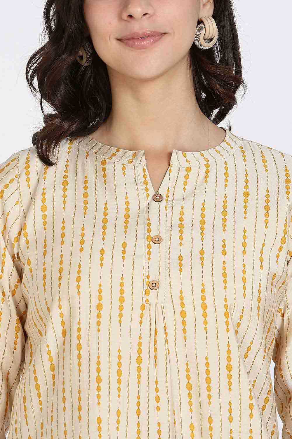 Mythri Women’s Top Cotton Blend Casual Mandarin Collar 3/4 Sleeve Button Placket Stylish Office Wear Top - Light Mustard - TO09