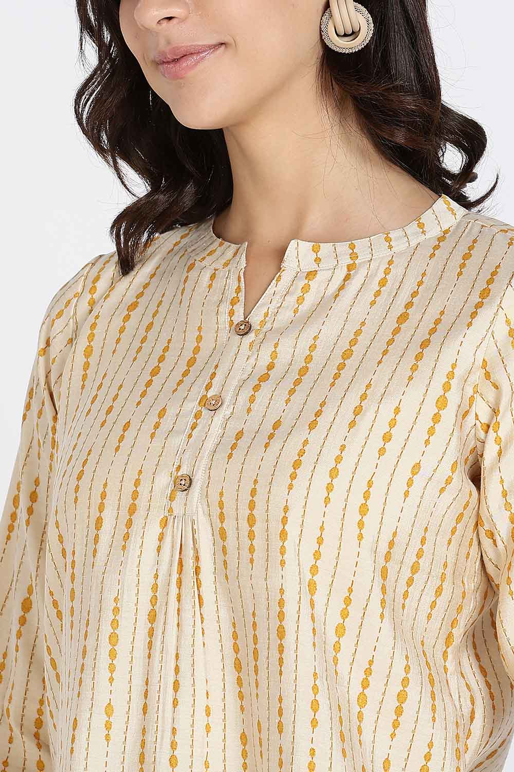 Mythri Women’s Top Cotton Blend Casual Mandarin Collar 3/4 Sleeve Button Placket Stylish Office Wear Top - Light Mustard - TO09