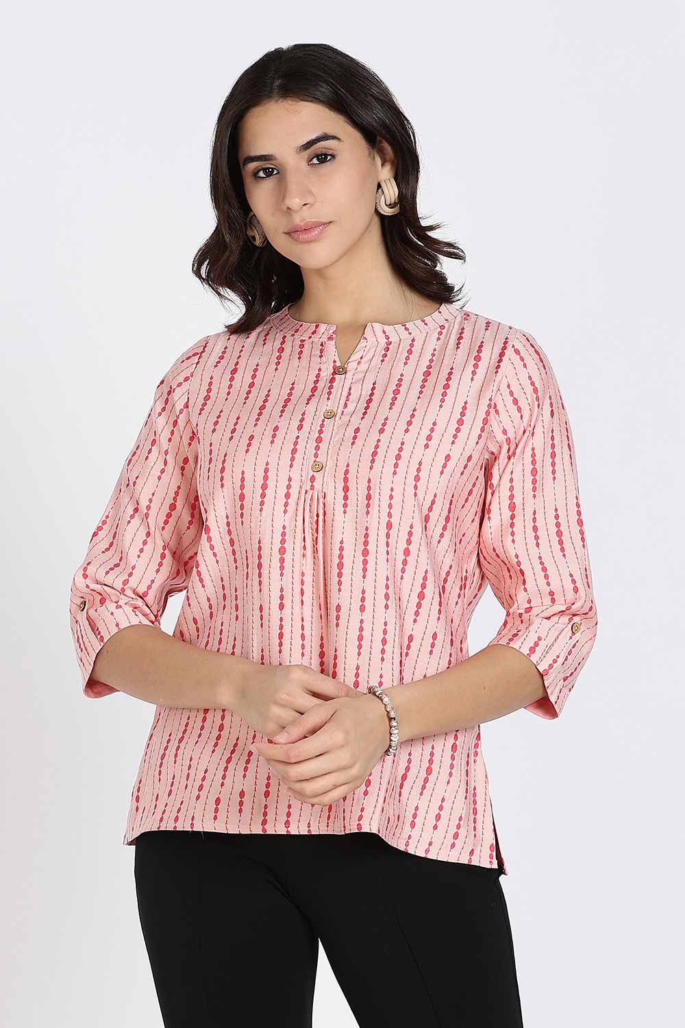 Mythri Women’s Top Cotton Blend Casual Mandarin Collar 3/4 Sleeve Button Placket Stylish Office Wear Top - Light Pink - TO09