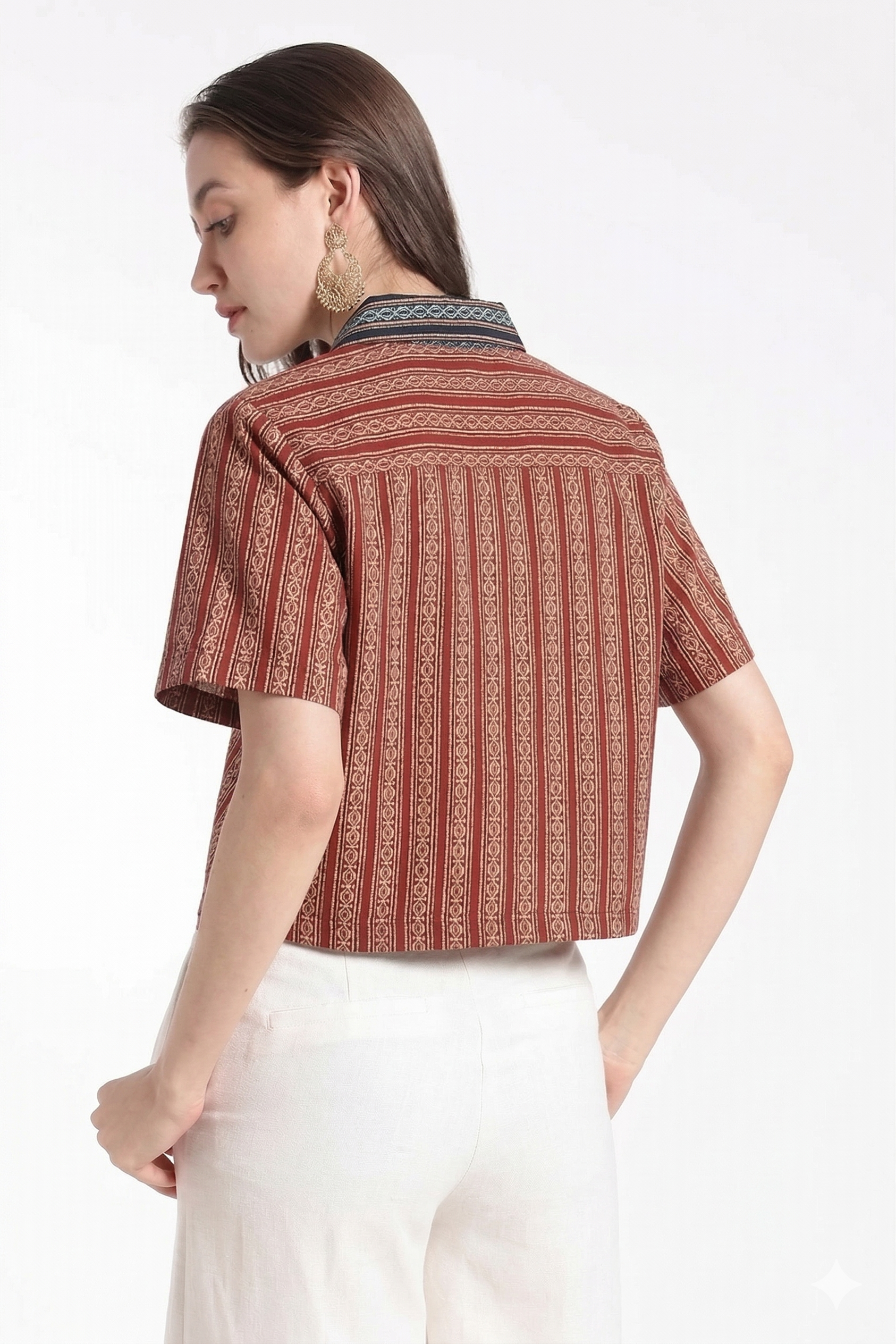 Mythri Women’s Cotton Cropped Shirt – Boxy Fit Printed Casual Crop Shirt with Drop Shoulder & V-Notch Collar | Summer Cotton Top for Women - TO34