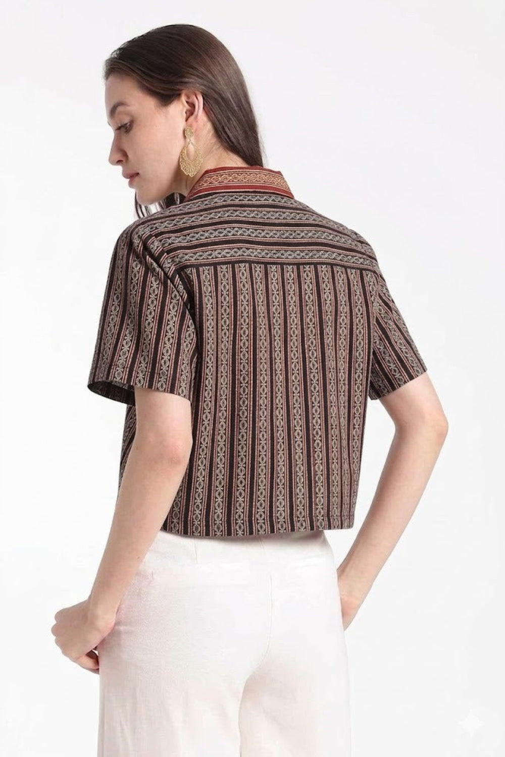 Mythri Women’s Cotton Cropped Shirt – Boxy Fit Printed Casual Crop Shirt with Drop Shoulder & V-Notch Collar | Summer Cotton Top for Women - TO34