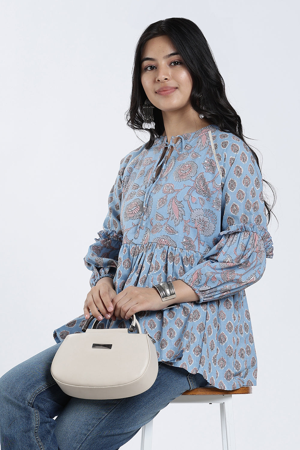 Mythri Women’s Cotton Flared Top – Paisley Print Casual Top with Bishop Sleeves & Tie-Up Neck | Stylish Everyday Wear Top for Women - TO35