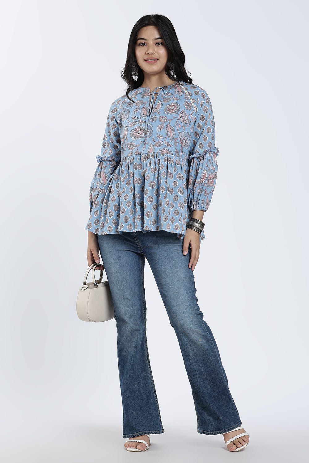 Mythri Women’s Cotton Flared Top – Paisley Print Casual Top with Bishop Sleeves & Tie-Up Neck | Stylish Everyday Wear Top for Women - TO35