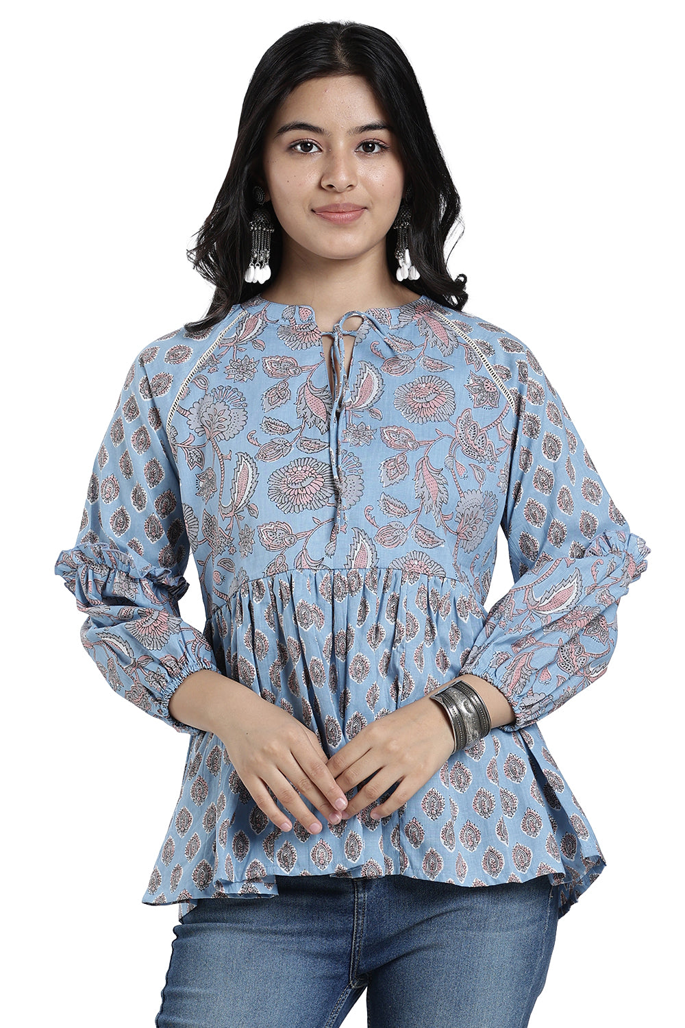 Mythri Women’s Cotton Flared Top – Paisley Print Casual Top with Bishop Sleeves & Tie-Up Neck | Stylish Everyday Wear Top for Women - TO35
