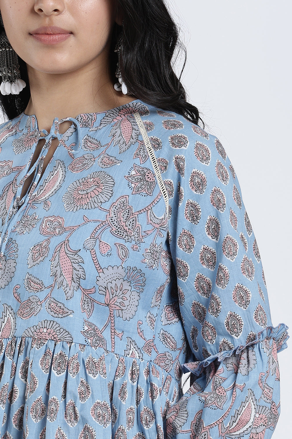 Mythri Women’s Cotton Flared Top – Paisley Print Casual Top with Bishop Sleeves & Tie-Up Neck | Stylish Everyday Wear Top for Women - TO35