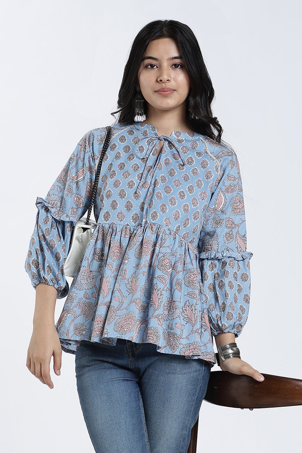 Mythri Women’s Cotton Flared Top – Paisley Print Casual Top with Bishop Sleeves & Tie-Up Neck | Stylish Everyday Wear Top for Women - TO35