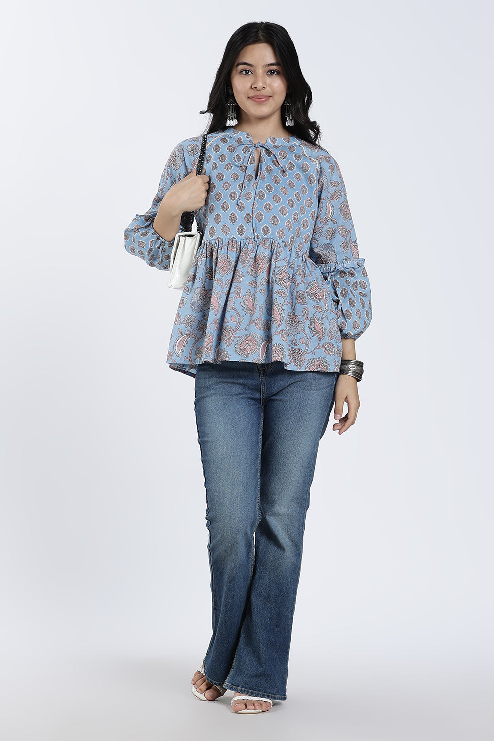 Mythri Women’s Cotton Flared Top – Paisley Print Casual Top with Bishop Sleeves & Tie-Up Neck | Stylish Everyday Wear Top for Women - TO35