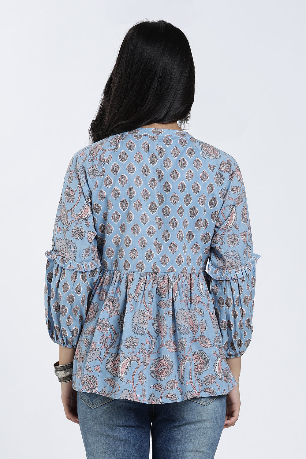 Mythri Women’s Cotton Flared Top – Paisley Print Casual Top with Bishop Sleeves & Tie-Up Neck | Stylish Everyday Wear Top for Women - TO35