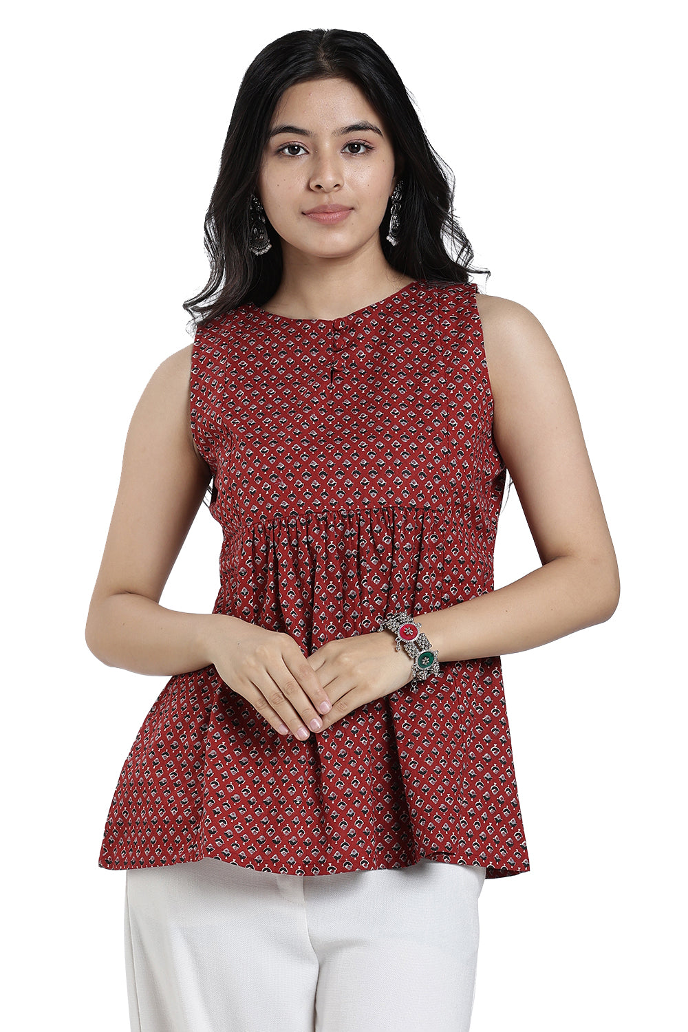 Mythri Women’s Cotton Gathered Short Top – Sleeveless Floral Butta Top with Potli Button Detail | Casual Ethnic Wear - TO37