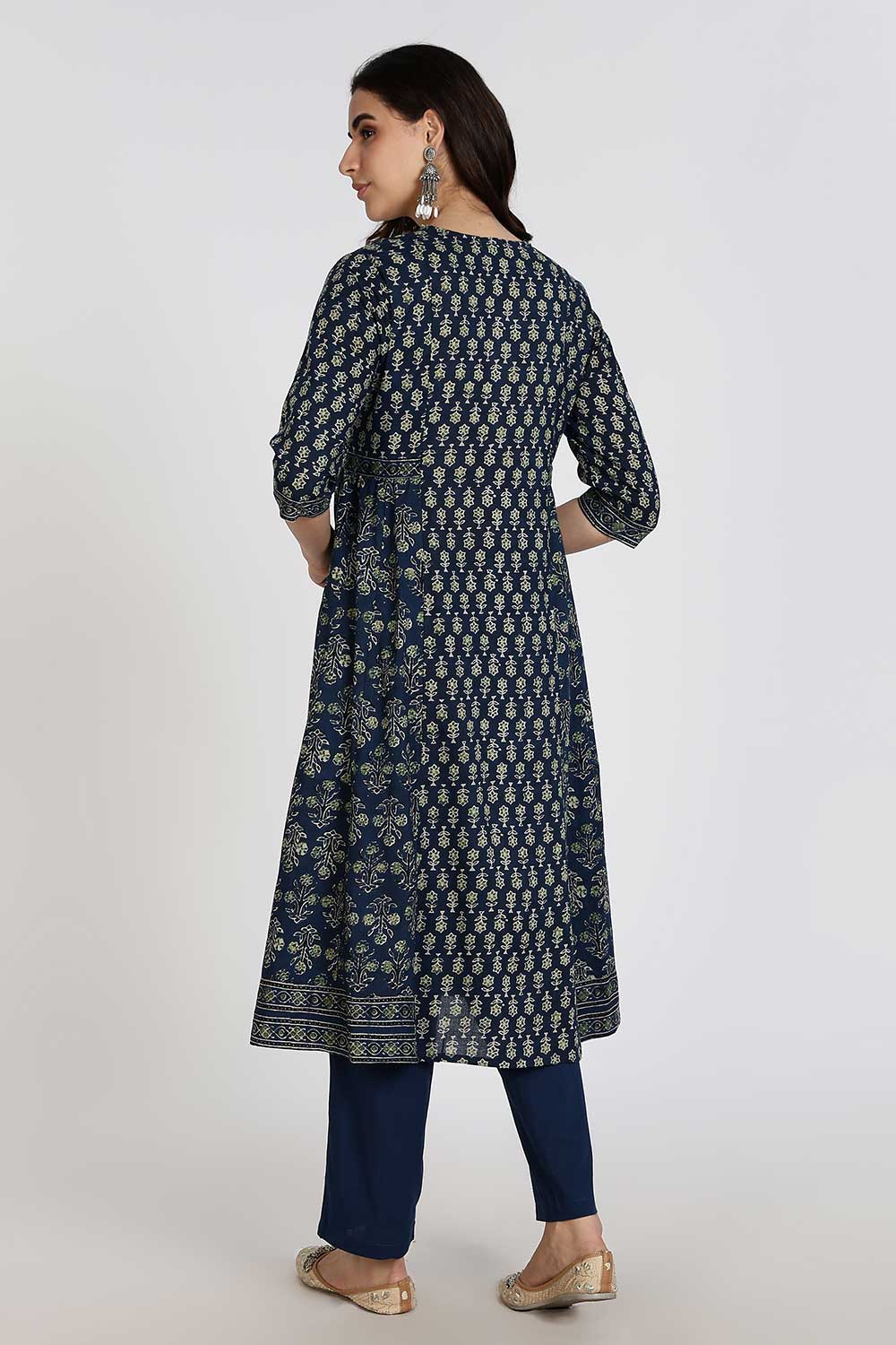 Mythri Women’s Anarkali Kurthi Set | 3-Piece Cotton Cambric with Pants & Dupatta | Floral Block Print - Navy Blue - K002
