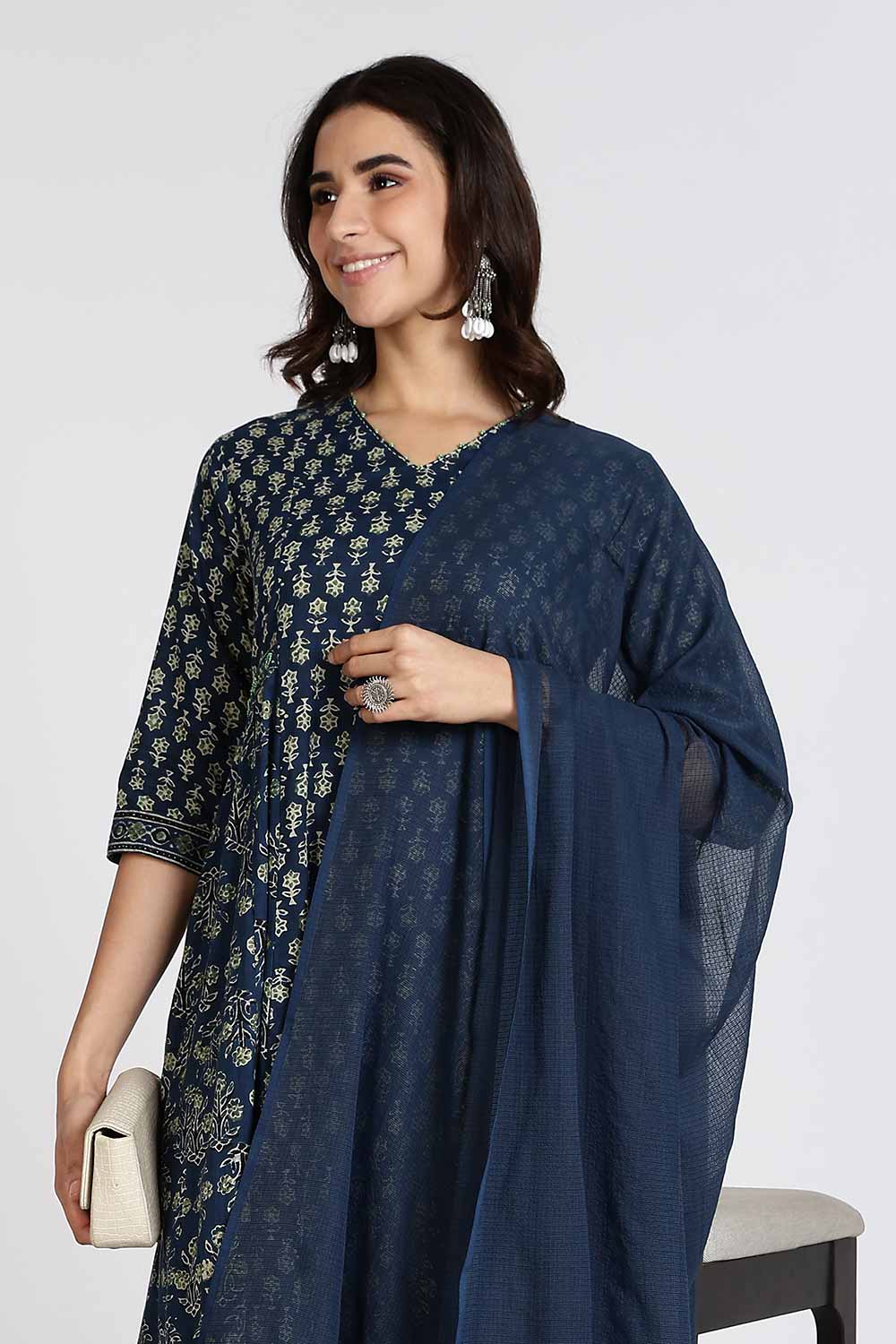 Mythri Women’s Anarkali Kurthi Set | 3-Piece Cotton Cambric with Pants & Dupatta | Floral Block Print - Navy Blue - K002