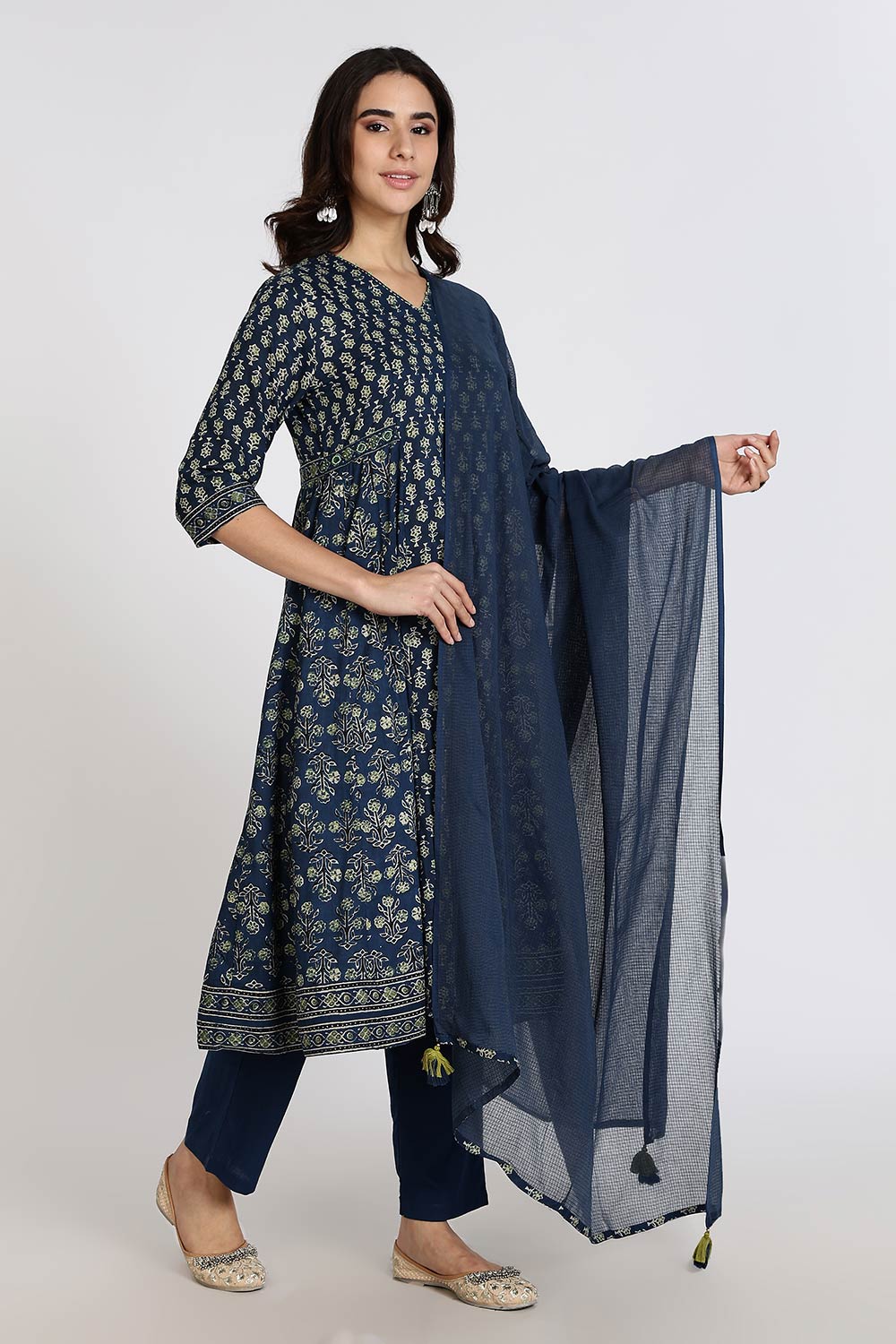 Mythri Women’s Anarkali Kurthi Set | 3-Piece Cotton Cambric with Pants & Dupatta | Floral Block Print - Navy Blue - K002