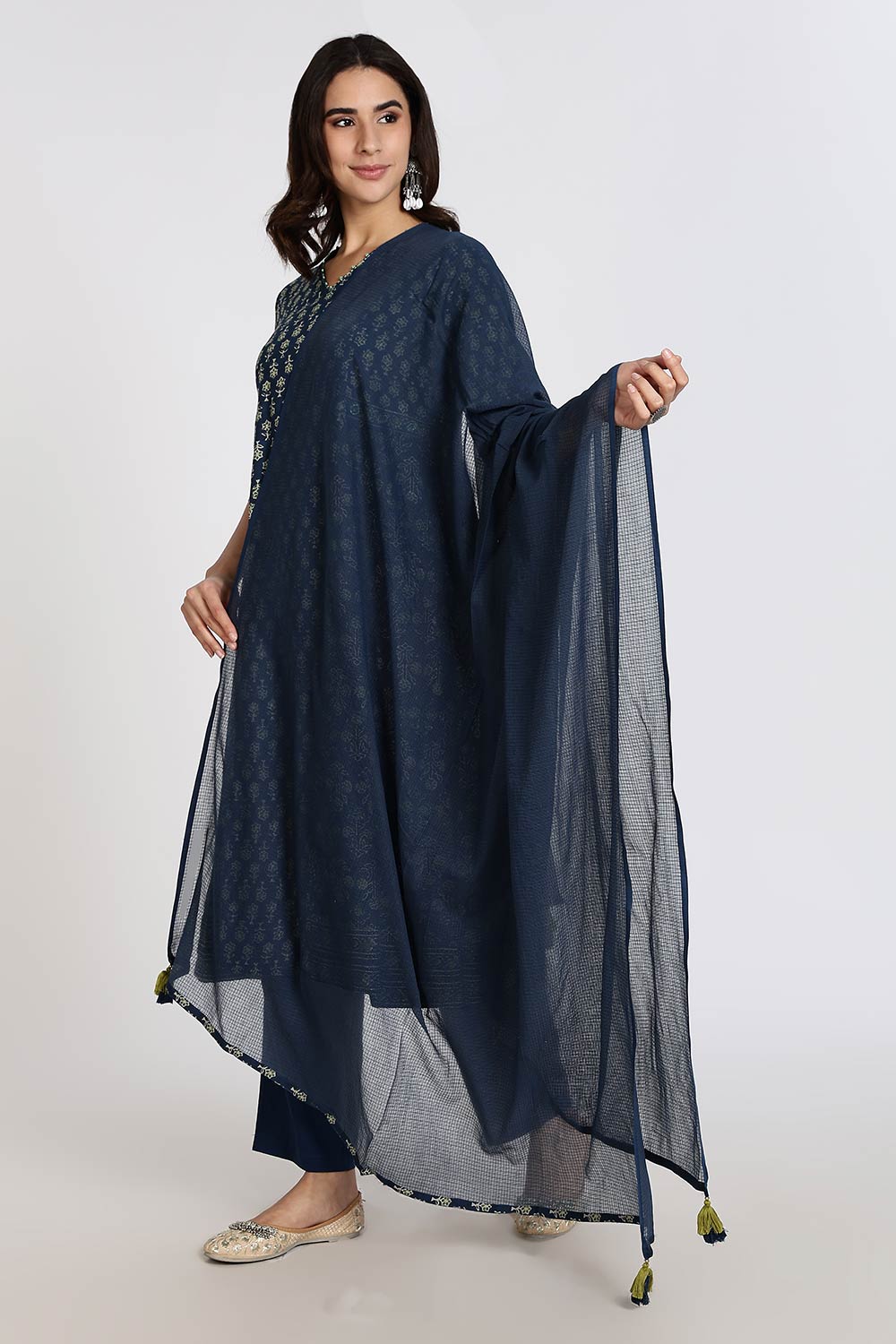 Mythri Women’s Anarkali Kurthi Set | 3-Piece Cotton Cambric with Pants & Dupatta | Floral Block Print - Navy Blue - K002