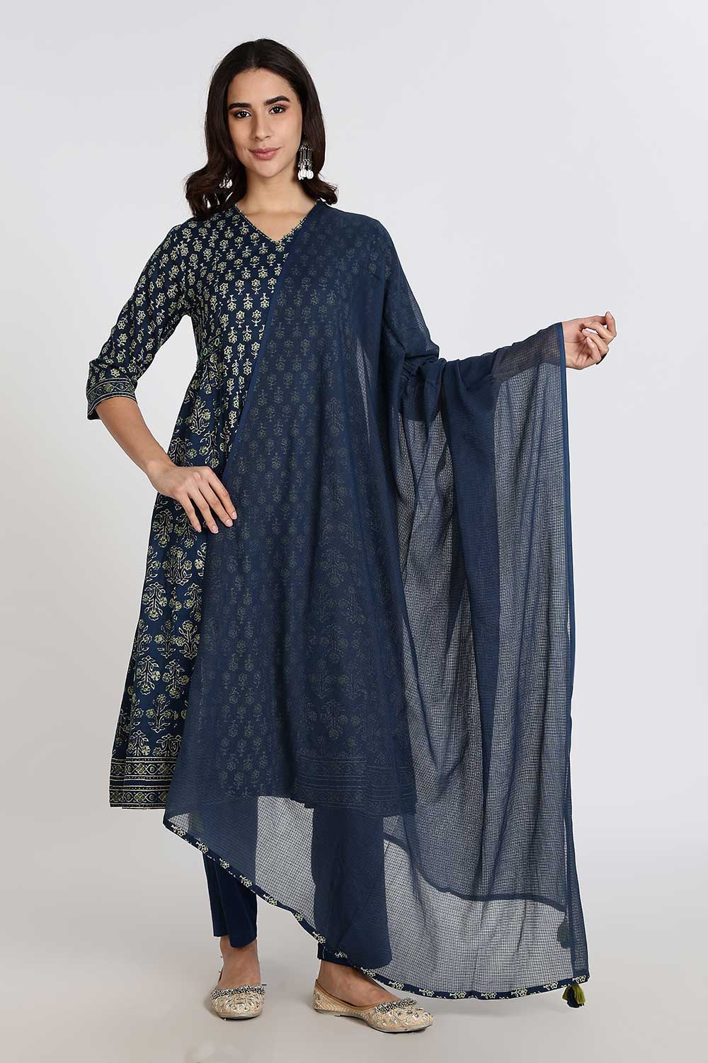 Mythri Women’s Anarkali Kurthi Set | 3-Piece Cotton Cambric with Pants & Dupatta | Floral Block Print - Navy Blue - K002