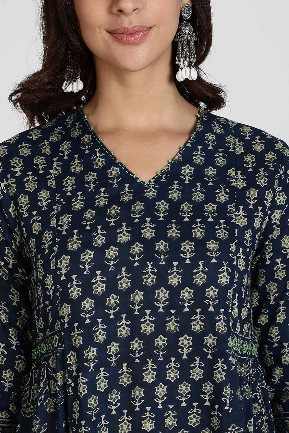 Mythri Women’s Anarkali Kurthi Set | 3-Piece Cotton Cambric with Pants & Dupatta | Floral Block Print - Navy Blue - K002