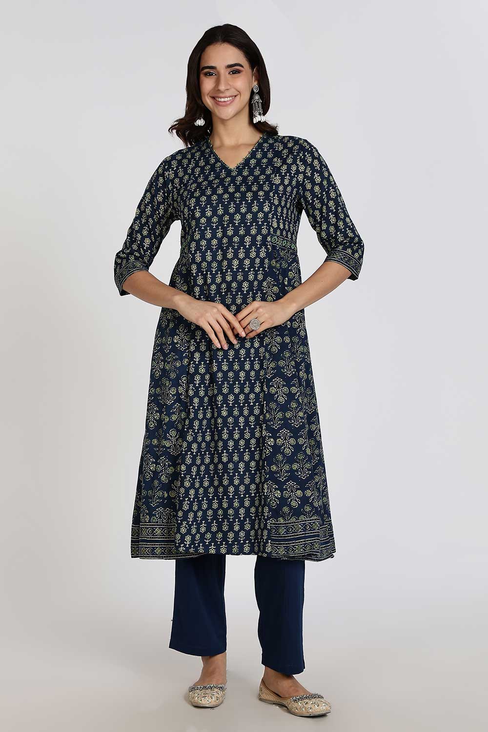 Mythri Women’s Anarkali Kurthi Set | 3-Piece Cotton Cambric with Pants & Dupatta | Floral Block Print - Navy Blue - K002