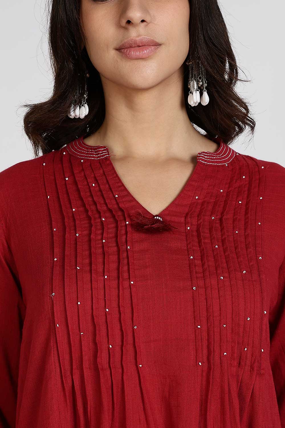 Mythri Women’s Cotton Cambric Kurthi Set 3 Piece Traditional Ethnic Wear with Pintucks Pants and Printed Dupatta - Maroon - R505