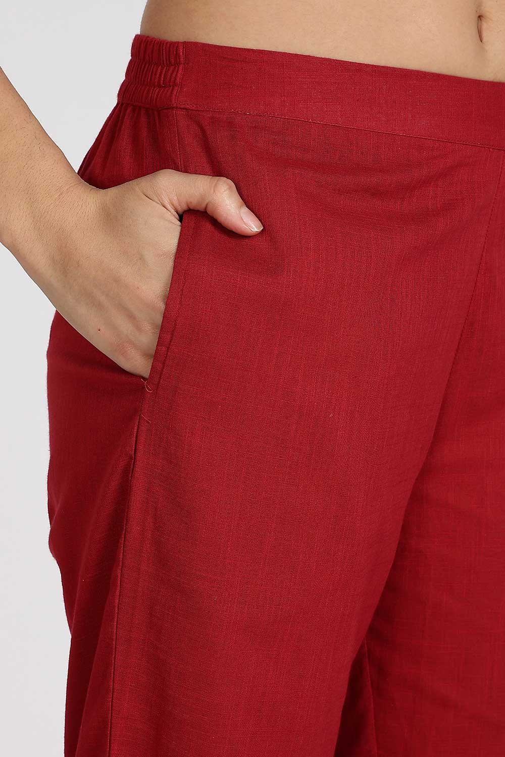 Mythri Women’s Cotton Cambric Kurthi Set 3 Piece Traditional Ethnic Wear with Pintucks Pants and Printed Dupatta - Maroon - R505