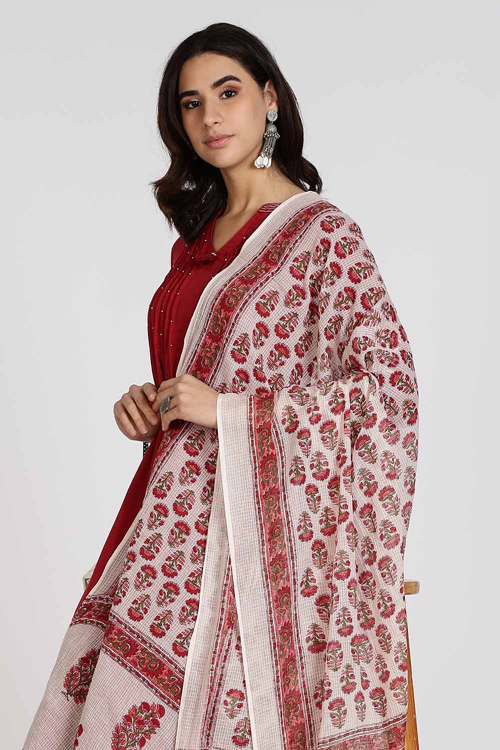 Mythri Women’s Cotton Cambric Kurthi Set 3 Piece Traditional Ethnic Wear with Pintucks Pants and Printed Dupatta - Maroon - R505