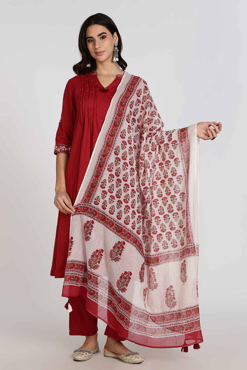 Mythri Women’s Cotton Cambric Kurthi Set 3 Piece Traditional Ethnic Wear with Pintucks Pants and Printed Dupatta - Maroon - R505