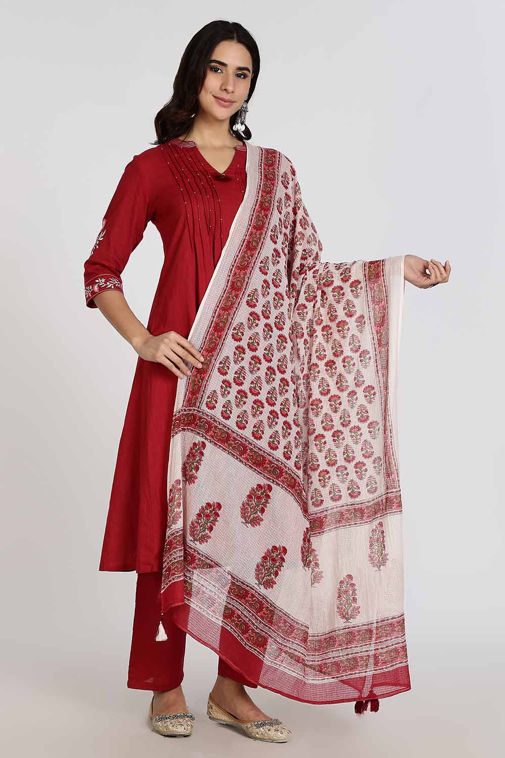 Mythri Women’s Cotton Cambric Kurthi Set 3 Piece Traditional Ethnic Wear with Pintucks Pants and Printed Dupatta - Maroon - R505