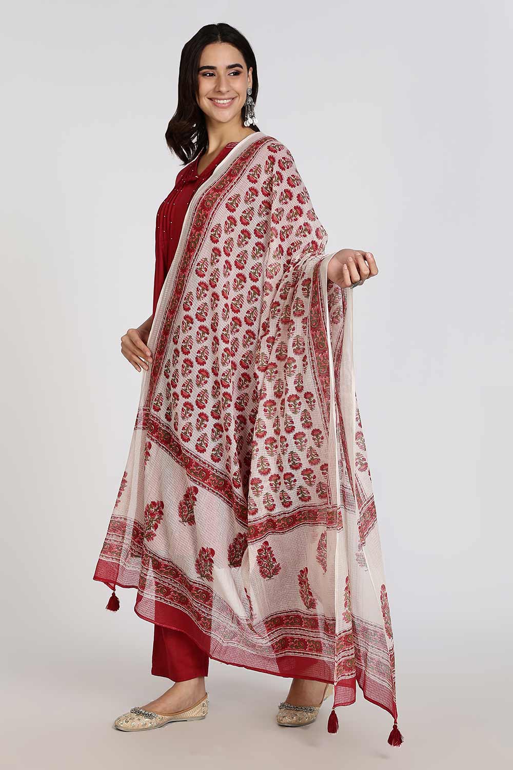 Mythri Women’s Cotton Cambric Kurthi Set 3 Piece Traditional Ethnic Wear with Pintucks Pants and Printed Dupatta - Maroon - R505