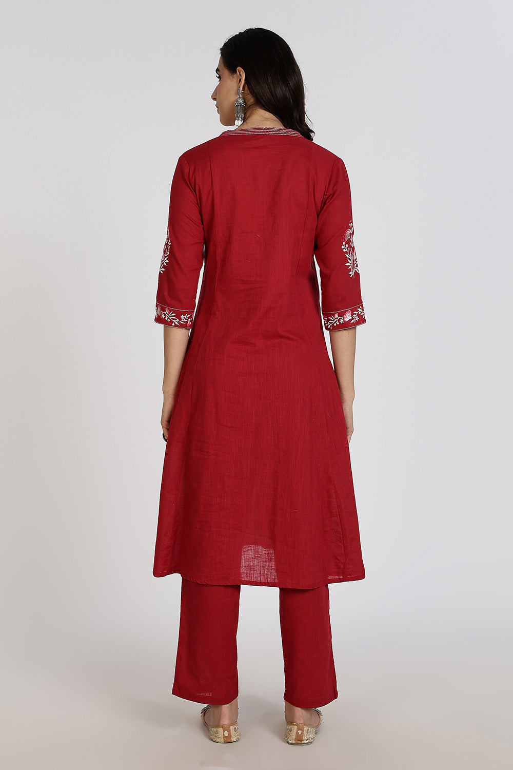 Mythri Women’s Cotton Cambric Kurthi Set 3 Piece Traditional Ethnic Wear with Pintucks Pants and Printed Dupatta - Maroon - R505