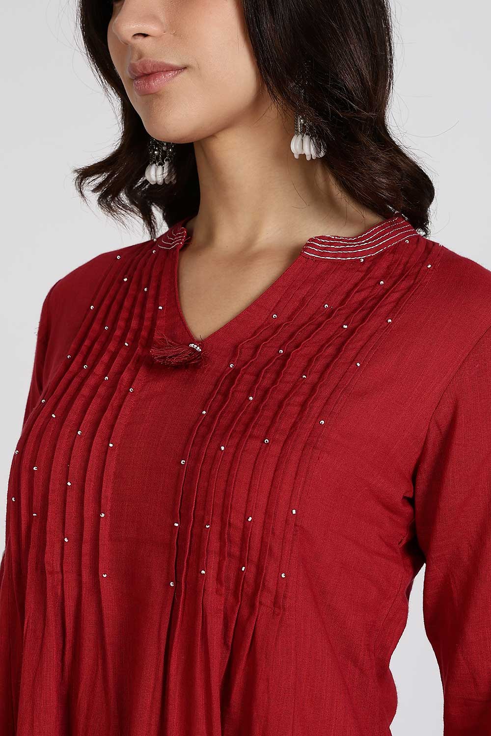 Mythri Women’s Cotton Cambric Kurthi Set 3 Piece Traditional Ethnic Wear with Pintucks Pants and Printed Dupatta - Maroon - R505