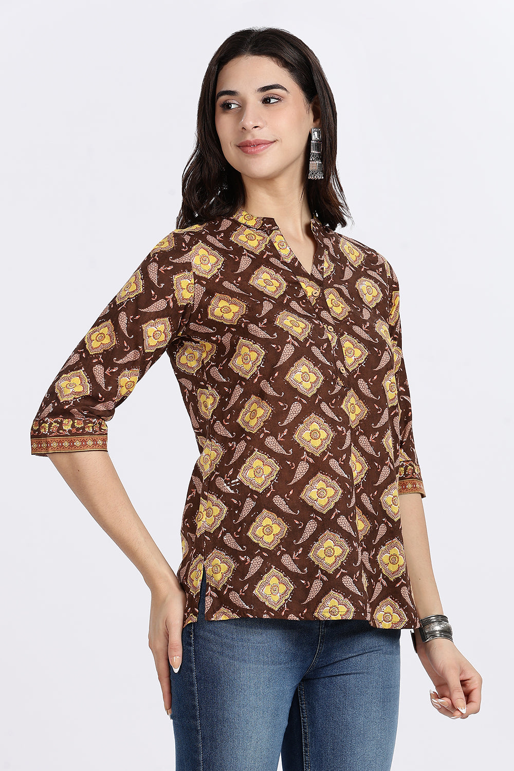 Mythri Women’s Teal Floral Geometric Printed Cotton Top with V-Notch Neckline & 3/4th Sleeves | Daily Wear Casual Cotton Top - U006