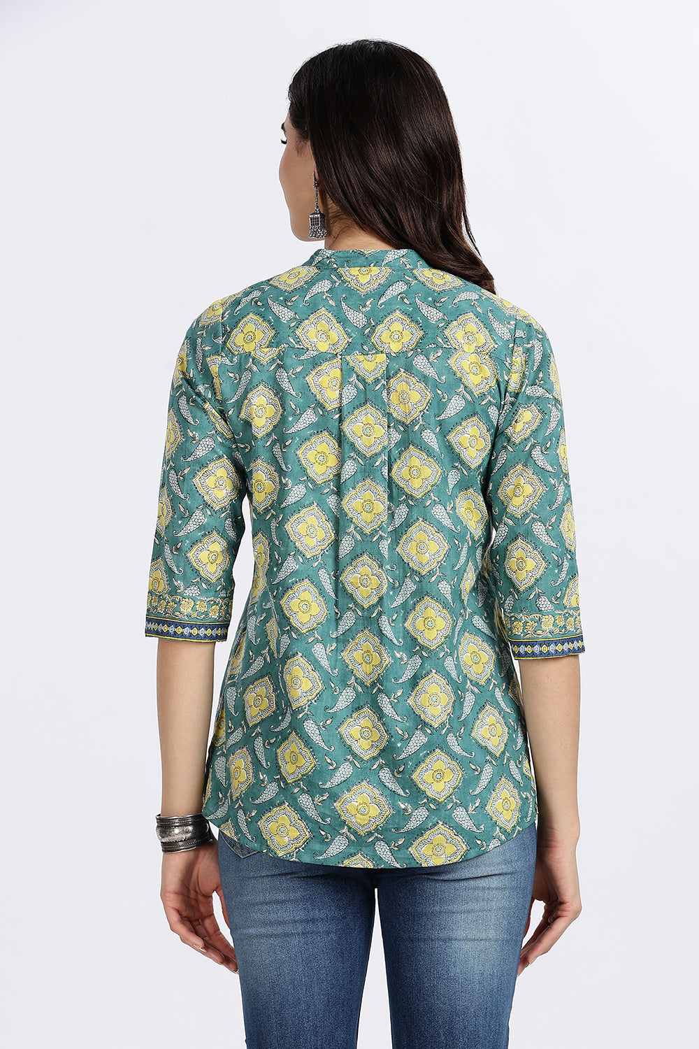 Mythri Women’s Teal Floral Geometric Printed Cotton Top with V-Notch Neckline & 3/4th Sleeves | Daily Wear Casual Cotton Top - U006