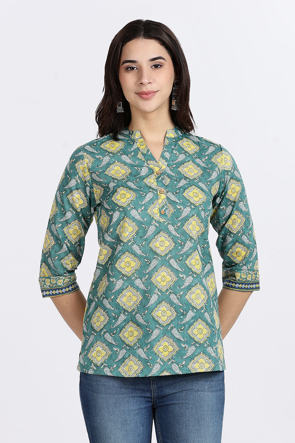 Mythri Women’s Teal Floral Geometric Printed Cotton Top with V-Notch Neckline & 3/4th Sleeves | Daily Wear Casual Cotton Top - U006