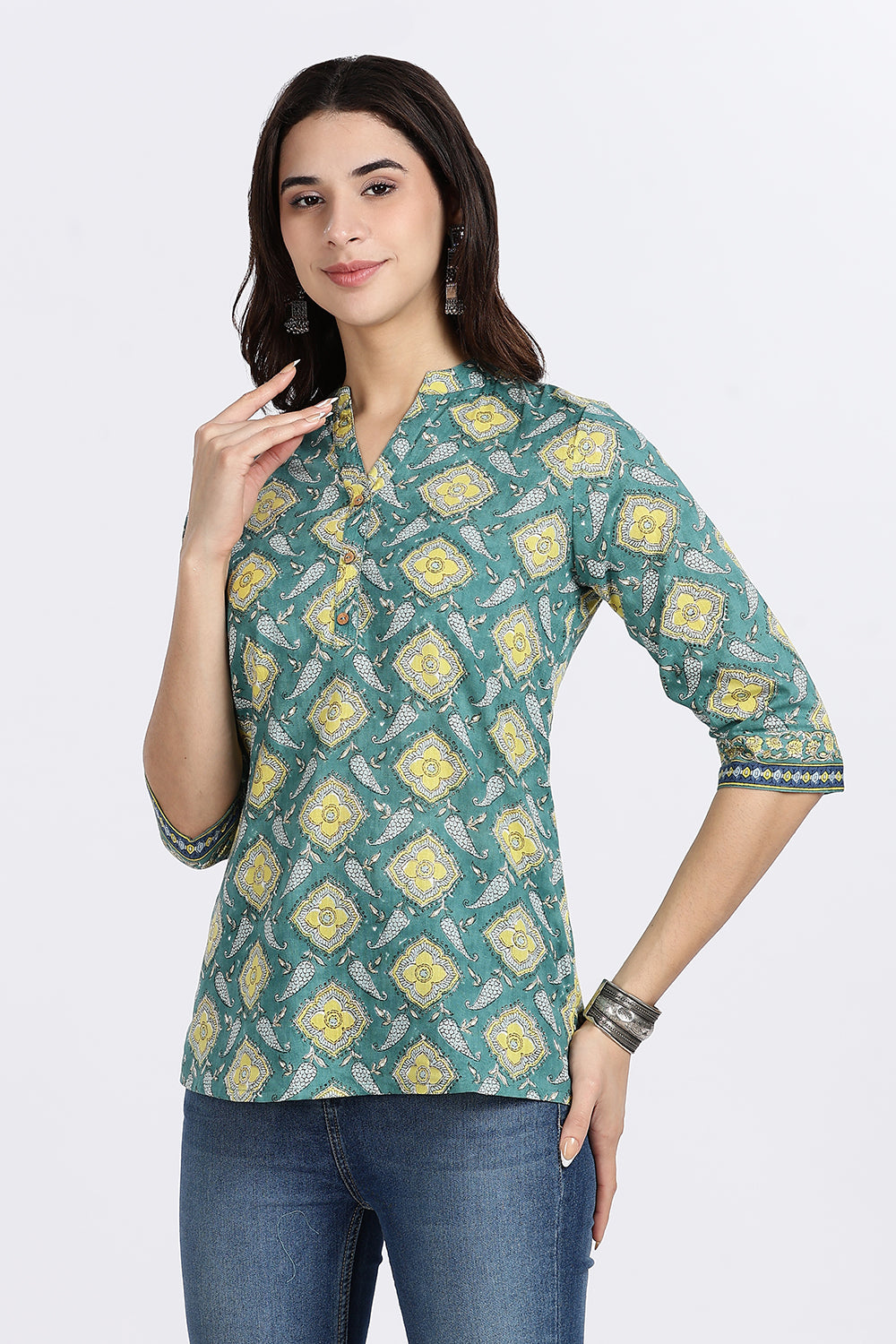 Mythri Women’s Teal Floral Geometric Printed Cotton Top with V-Notch Neckline & 3/4th Sleeves | Daily Wear Casual Cotton Top - U006