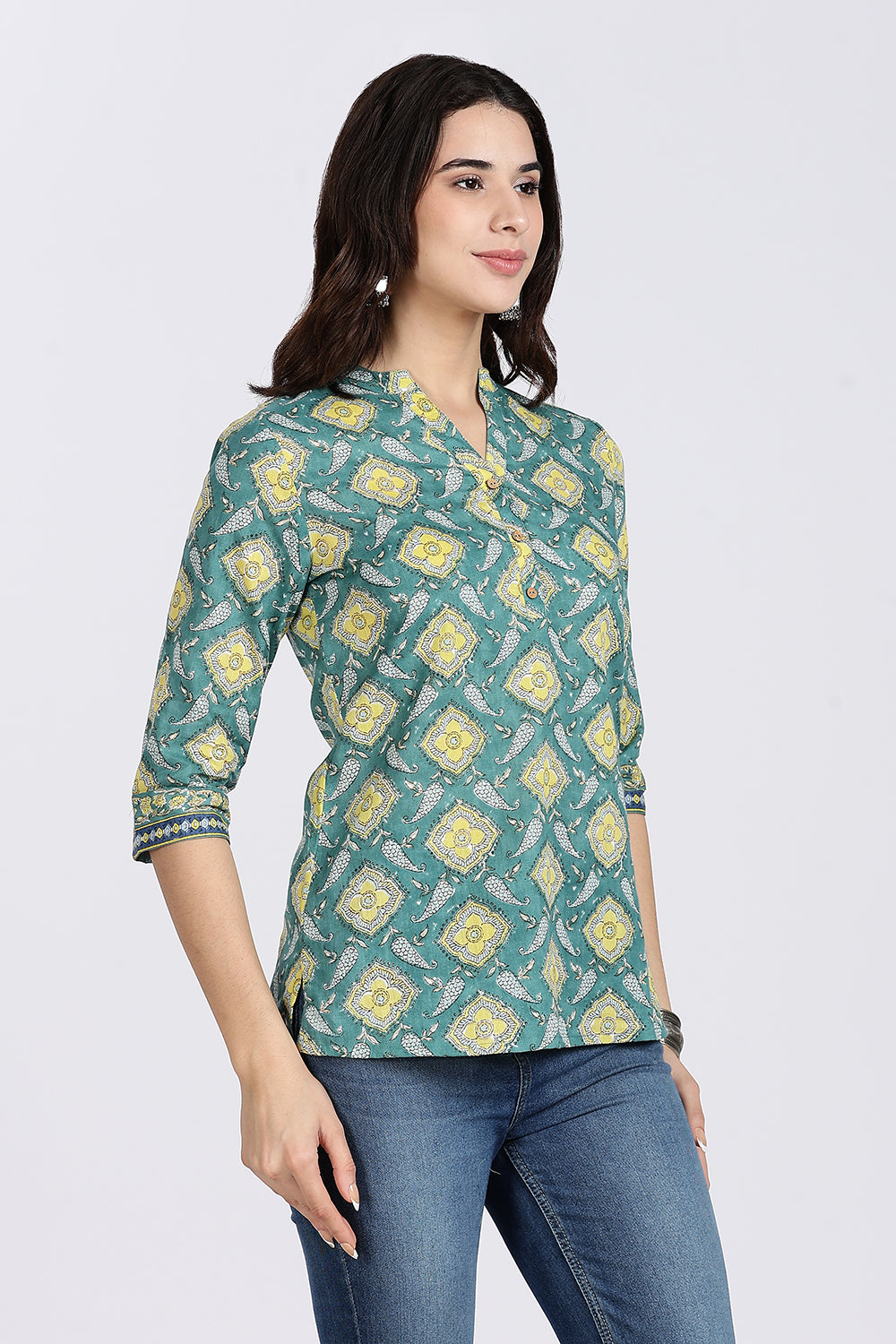 Mythri Women’s Teal Floral Geometric Printed Cotton Top with V-Notch Neckline & 3/4th Sleeves | Daily Wear Casual Cotton Top - U006