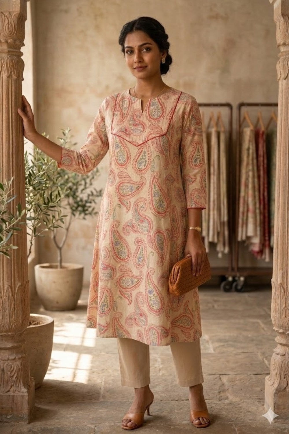 Mythri Women’s Cotton Chanderi Embroidered Kurti – Round Neck V-Notch 3/4 Sleeve Butta Print Ethnic Kurti for Women | Everyday Cotton Kurti - 1201