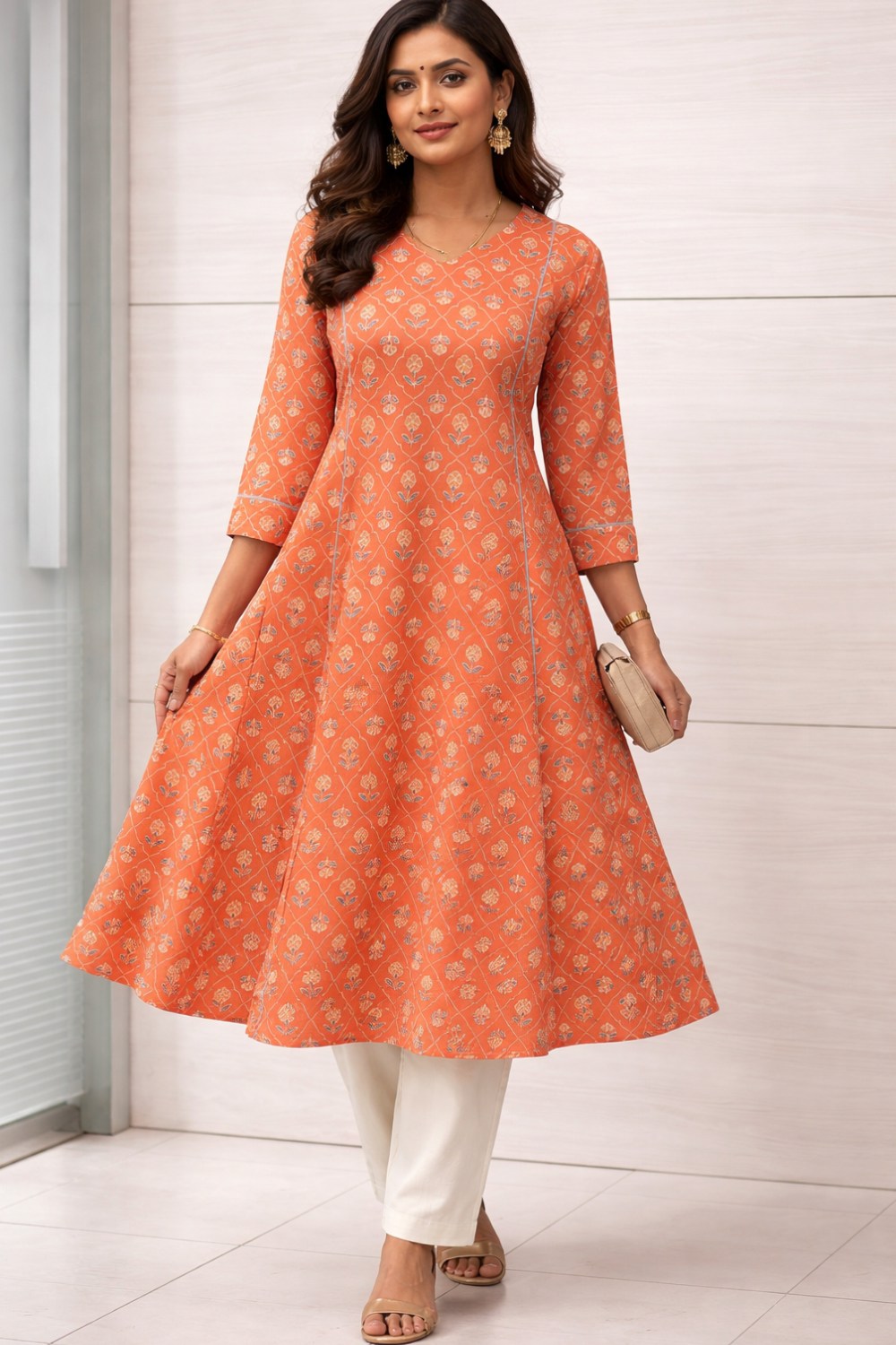 Mythri Women’s Cotton Chanderi Embroidered Kurti – V-Neck 3/4 Sleeve Butta Print Kurti with Contrast Piping | Everyday Ethnic Kurti for Women - 1204