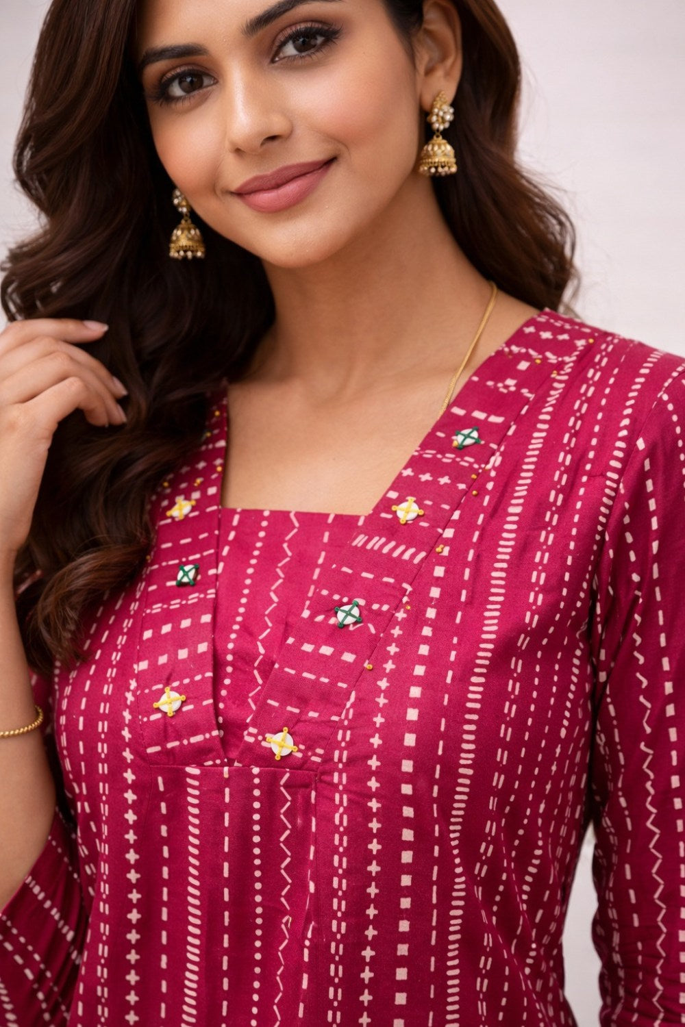 Mythri Women’s Cotton Chanderi Embroidered Kurti – V-Neck 3/4 Sleeve Butta Print Ethnic Kurti for Women | Everyday Cotton Kurti - 1205