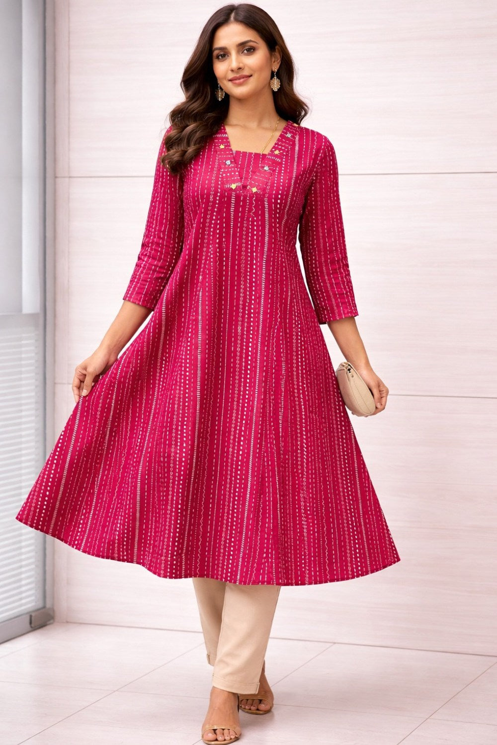 Mythri Women’s Cotton Chanderi Embroidered Kurti – V-Neck 3/4 Sleeve Butta Print Ethnic Kurti for Women | Everyday Cotton Kurti - 1205