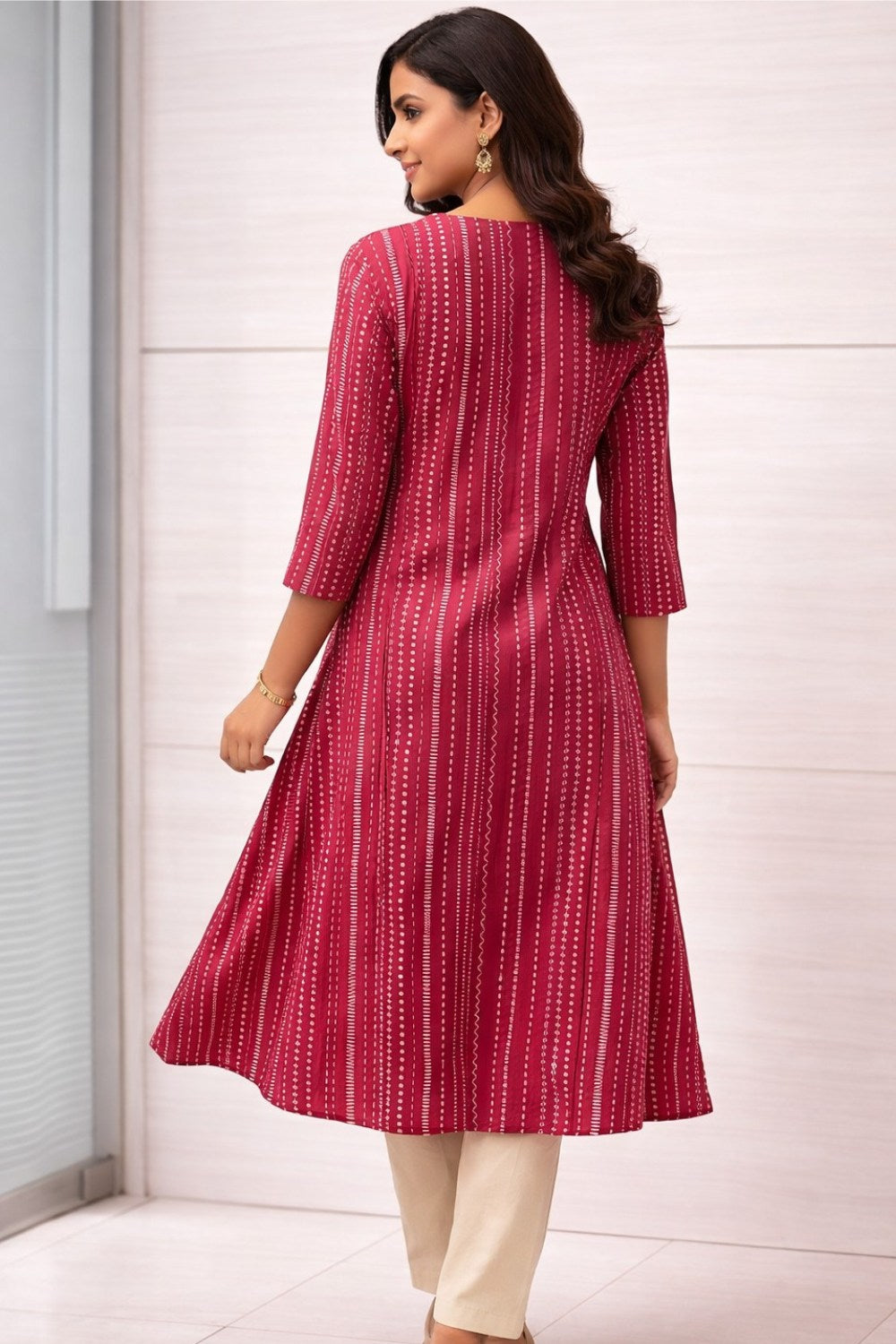 Mythri Women’s Cotton Chanderi Embroidered Kurti – V-Neck 3/4 Sleeve Butta Print Ethnic Kurti for Women | Everyday Cotton Kurti - 1205