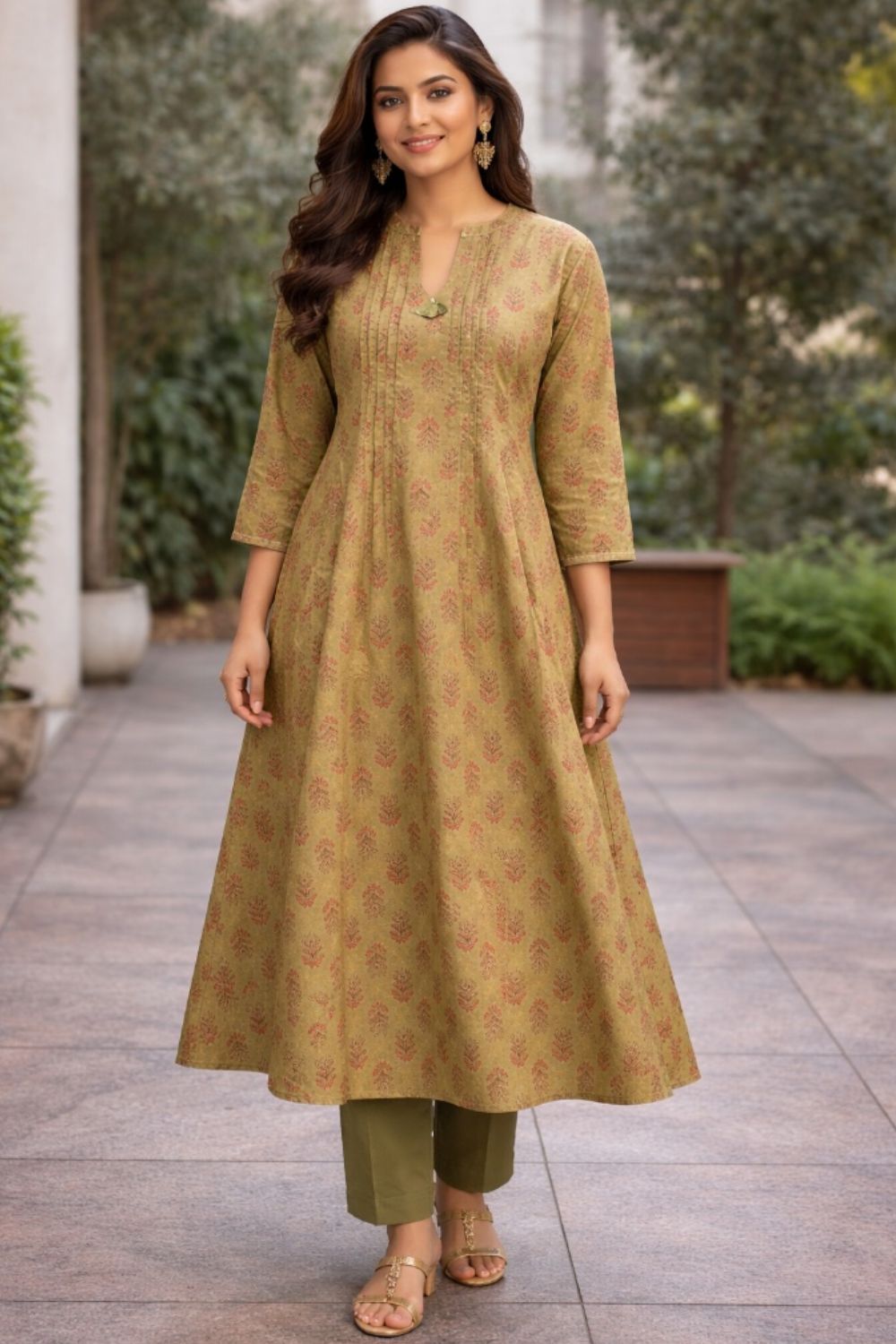 Mythri Women’s Cotton Chanderi Kurti – Mandarin Collar Pintuck Kurti with 3/4 Sleeves | Butta Print Ethnic Kurti for Women - 1208